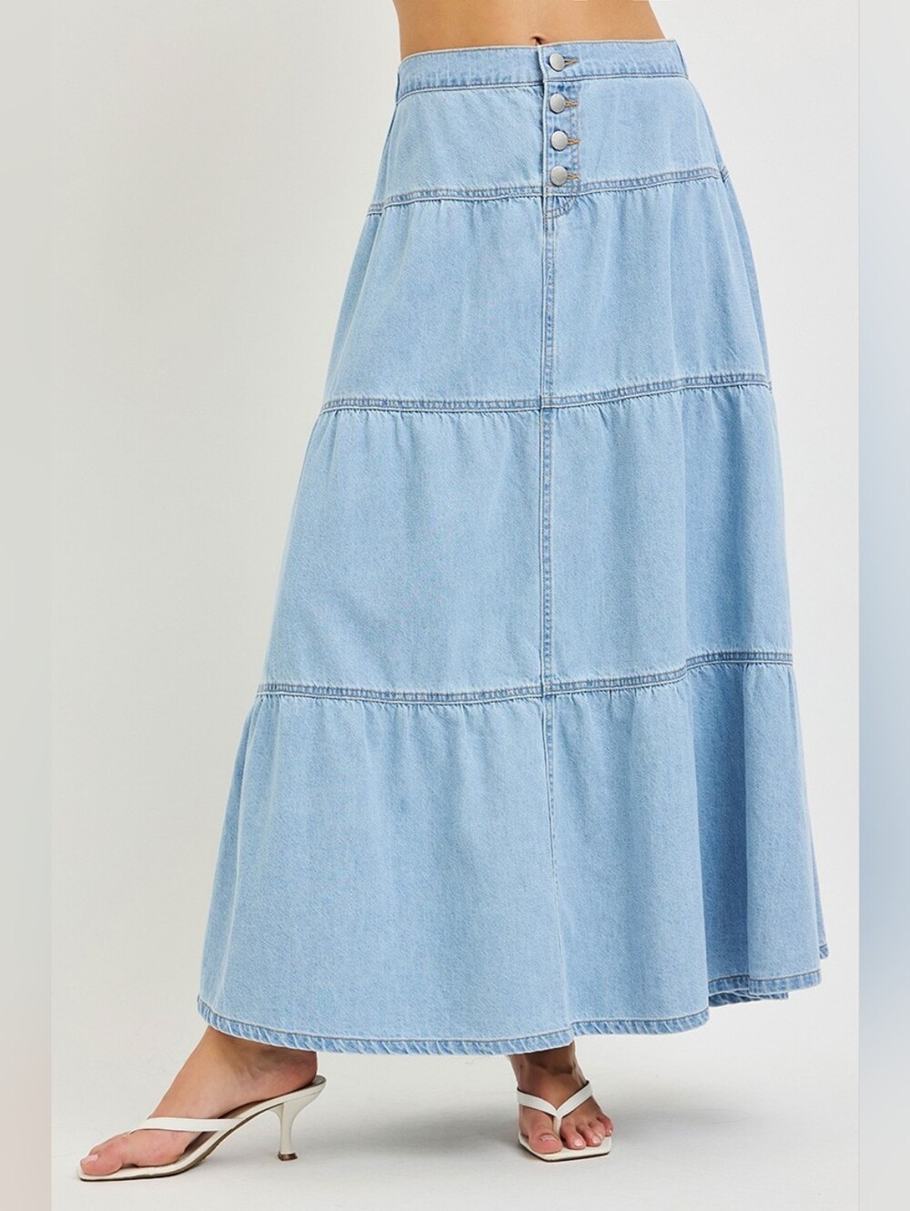 RISEN Light Wash Tiered Maxi Skirt Button Elastic Pull On Cotton Various NEW - Picture 3 of 6